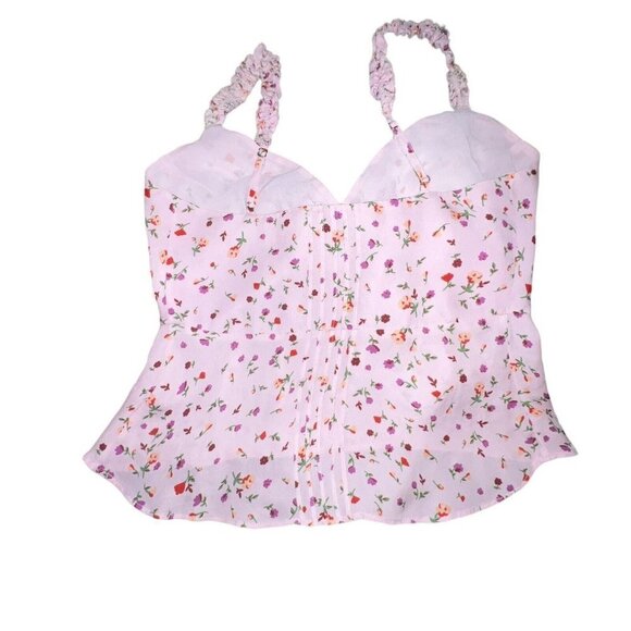NICHOLAS PINK FLORAL CROPPED‎ CAMI TANK TOP RUFFLED ADJUSTABLE STRAPS WOMEN XXS - Picture 2 of 8